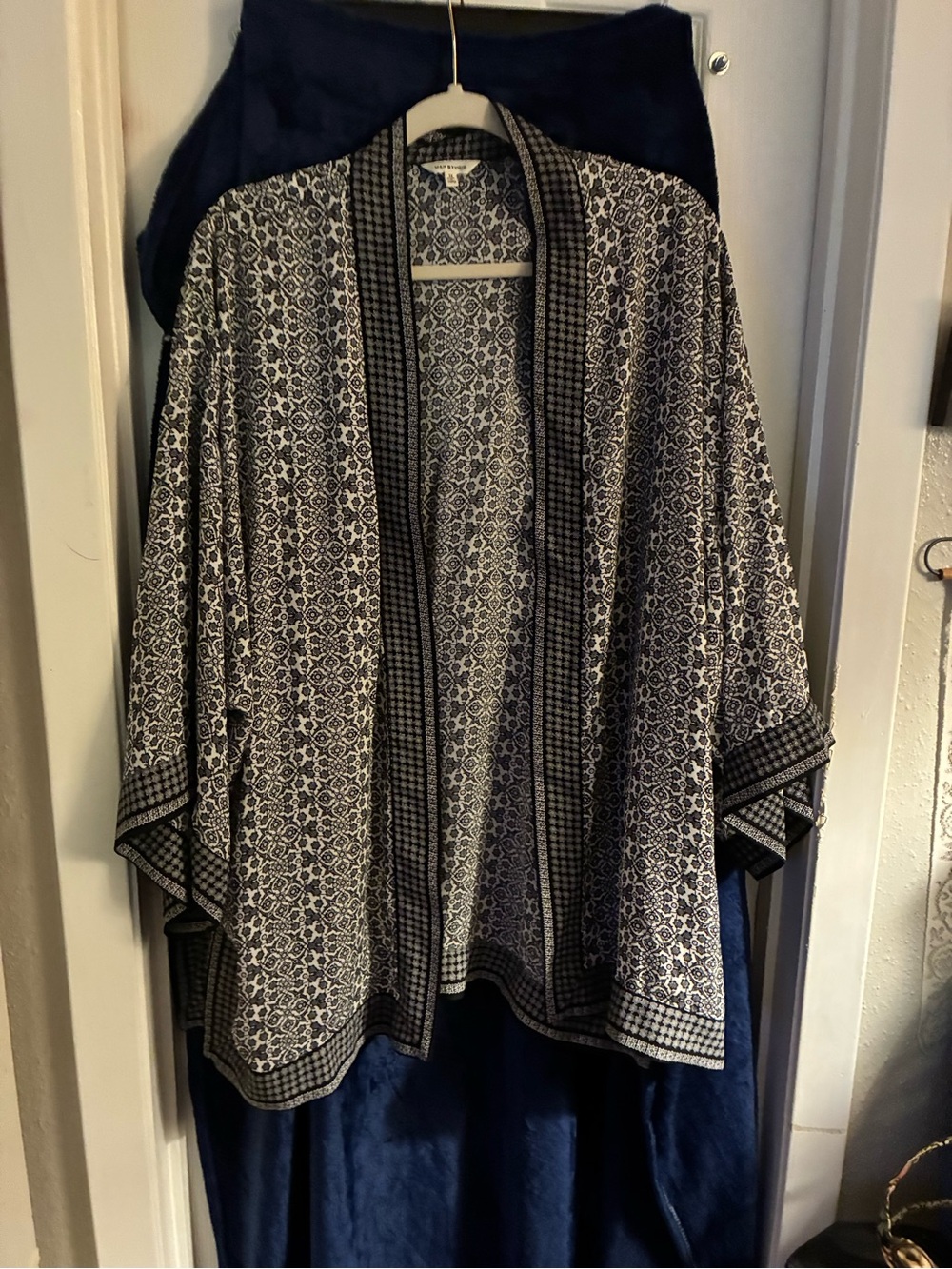 Max Studio Navy and White Printed Open-Front Kimono